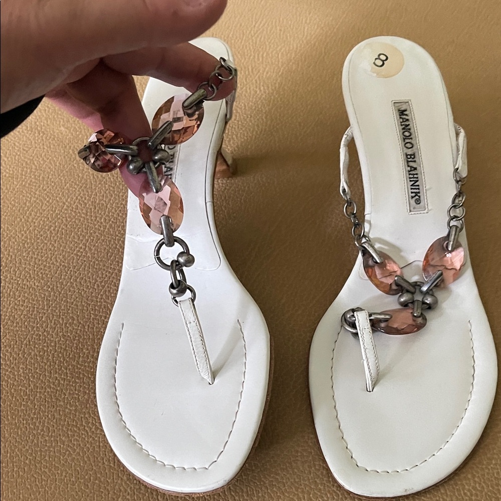 Manolo Blahnik White Leather T-Strap Heels with Pink Gem Accents